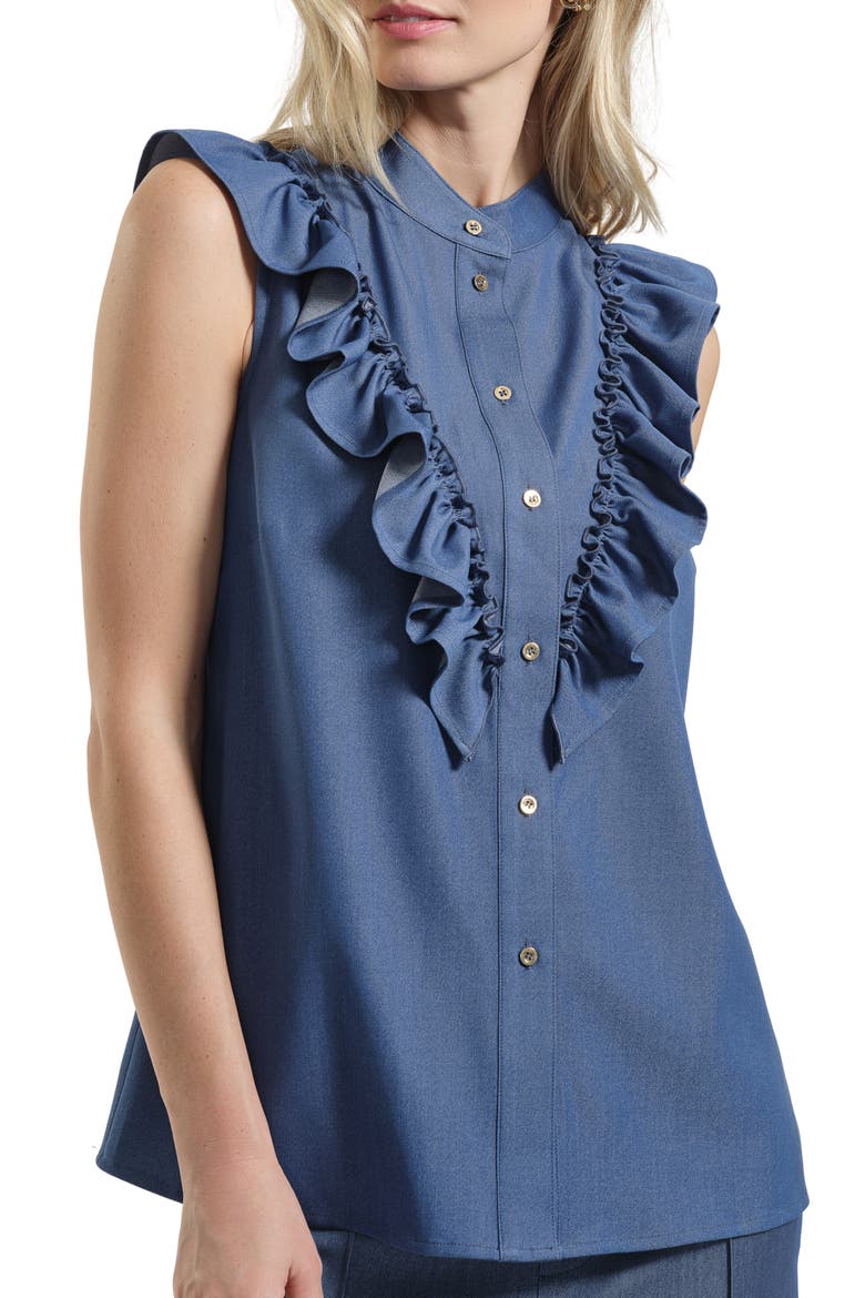 Ruffle Button-Up Shirt, Main, color, DENIM