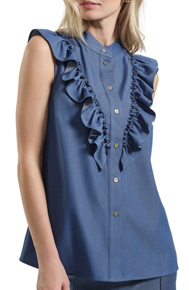 Isaac Mizrahi New York Ruffle Button-Up Shirt, Main, color, Denim