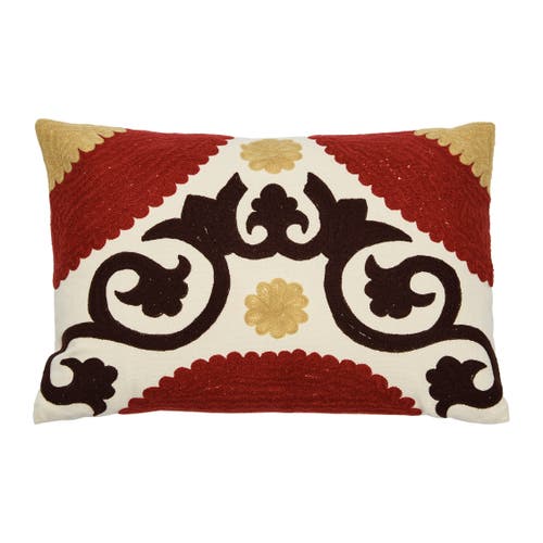 Storied Home Cotton Embroidered Lumbar Pillow With Suzani Embroidery In Multi