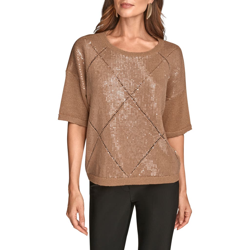 Donna Karan New York Short Sleeve Sequin Sweater In Animal Print