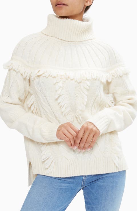 Mya Cable Stitch Fringe Turtleneck Sweater