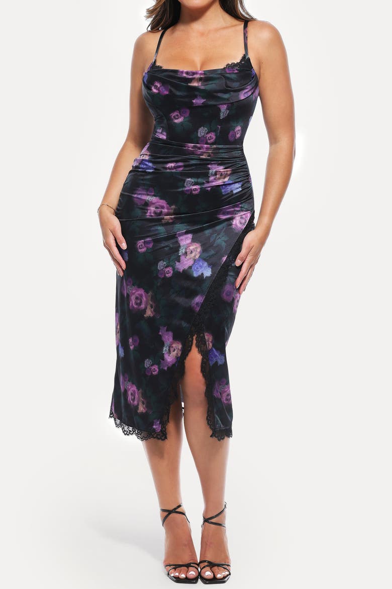 Resort-Ready Lace Trim Sculpting Floral-Print Midi Shaper Dress, Main, color, Nocturne Floral