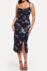 Popilush Lace Trim Sculpting Floral-Print Midi Dress