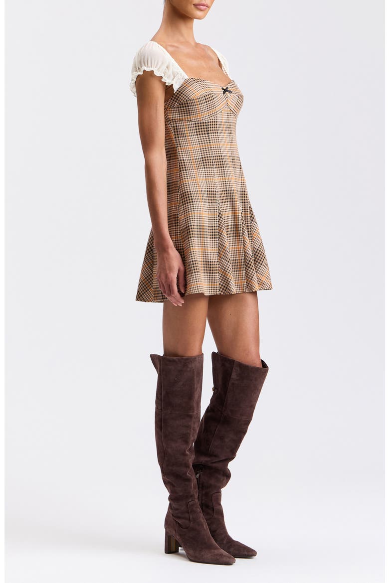 Puff Sleeve Godet Minidress, Alternate, color, NEUTRAL ORANGE GLENPLAID