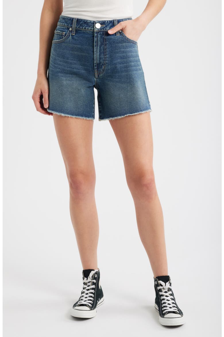 Frayed High Waist Mid Thigh Relaxed Denim Shorts, Main, color, WILLA