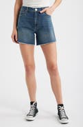 1822 Denim Frayed High Waist Mid Thigh Relaxed Denim Shorts