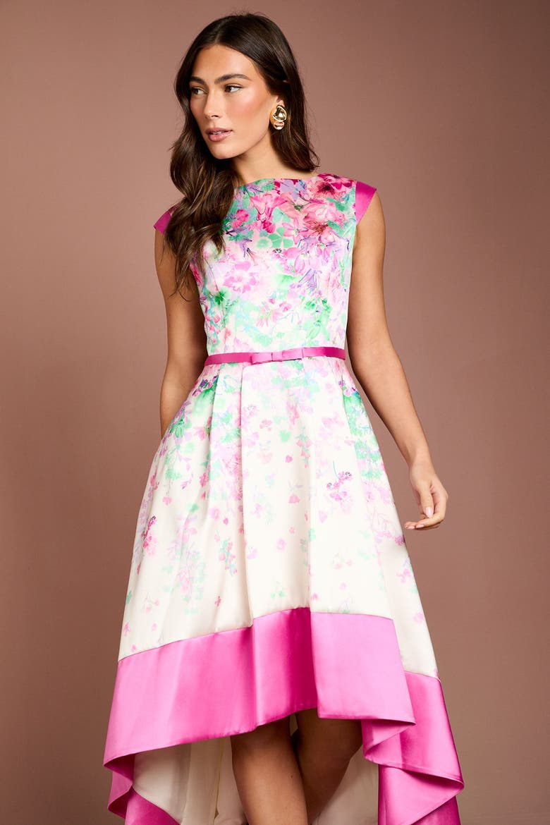 Floral High-Low Boat Neck Midi Dress, Alternate, color, Ivory