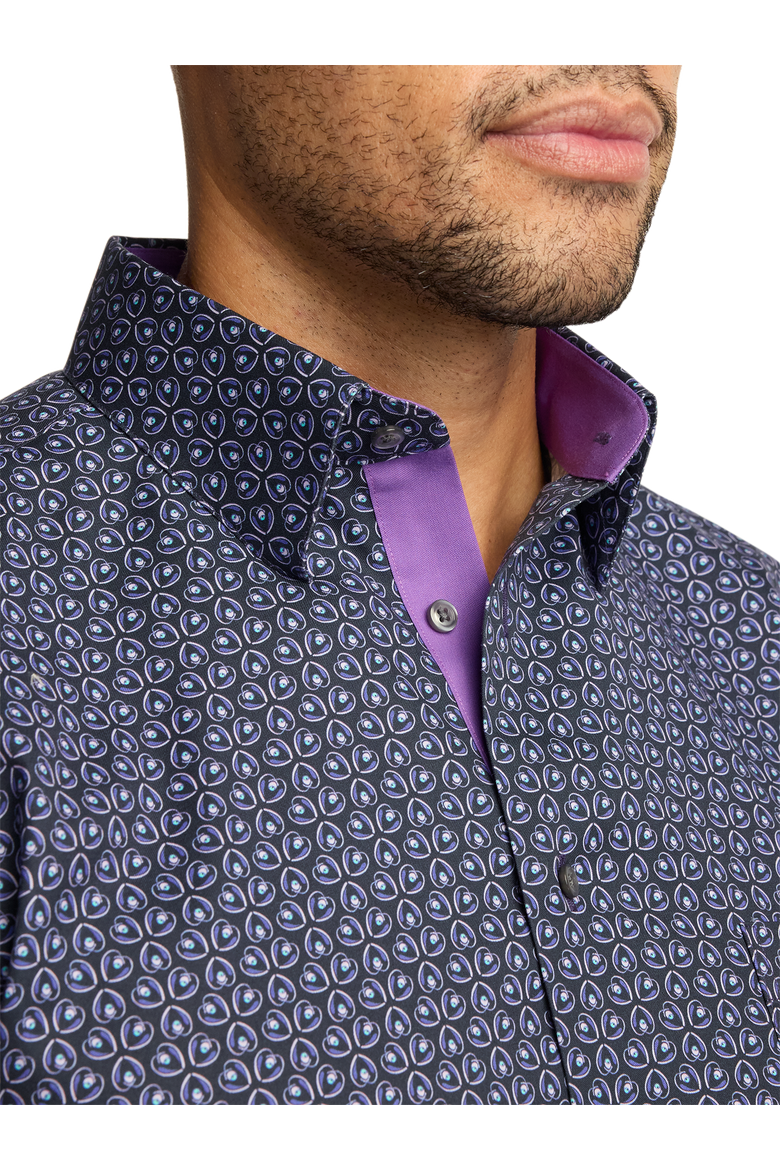 Cotton Buttondown Collar Broadcloth Classic Contrast Trim Button Cuff Long Sleeve Shirt, Alternate, color, Black/Purple