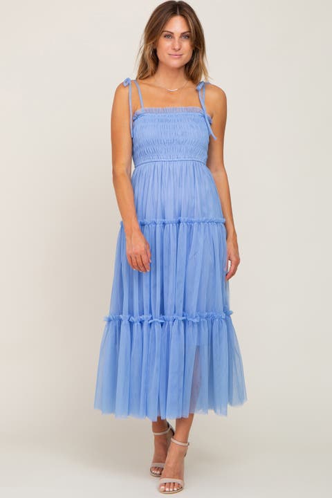 Smocked Mesh Midi Dress