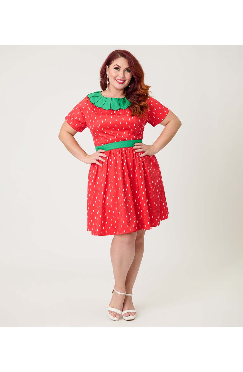 Smak Parlour Plus Size Petal Collar Flare Dress, Alternate, color, Red & Green