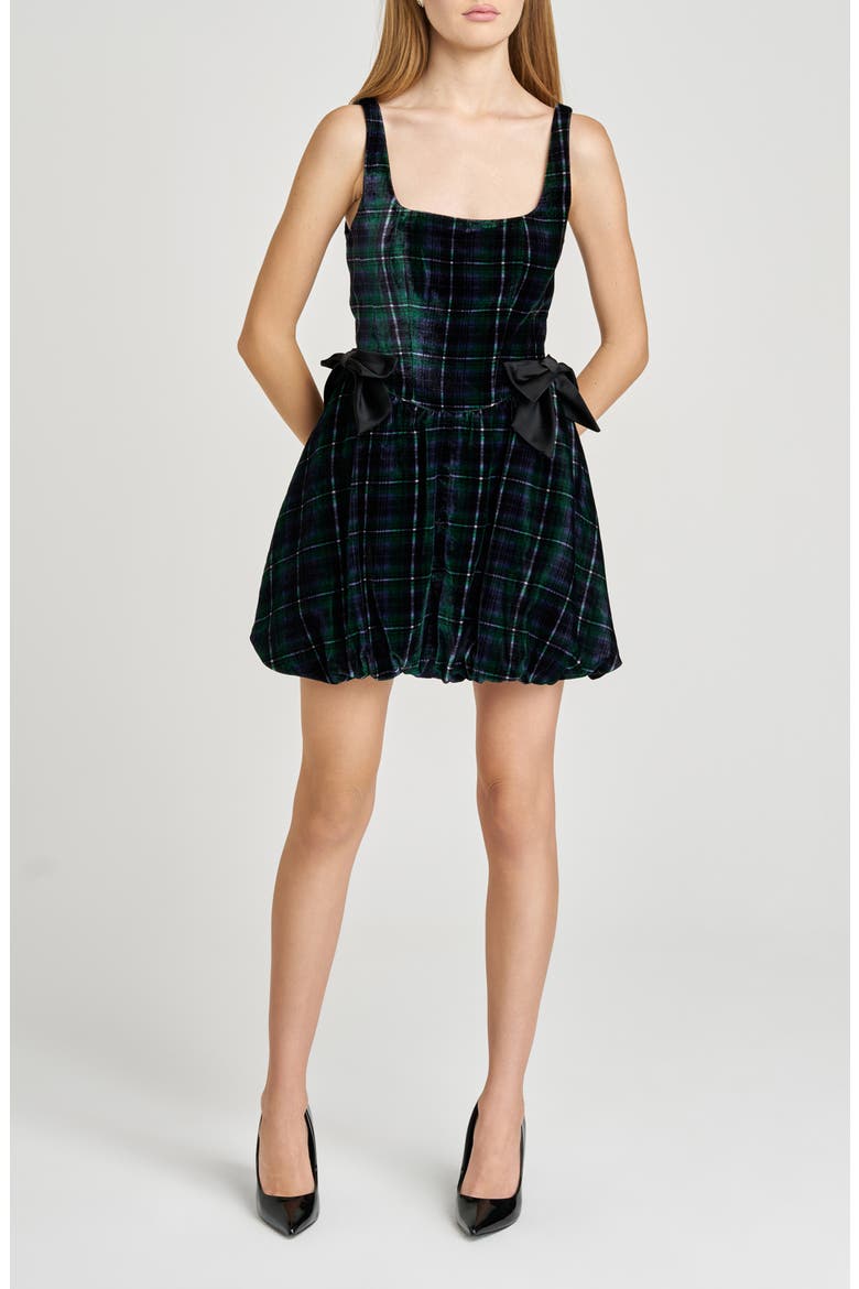 Brielle Bubble Hem Velvet Minidress, Main, color, BLUE-GREEN PLAID