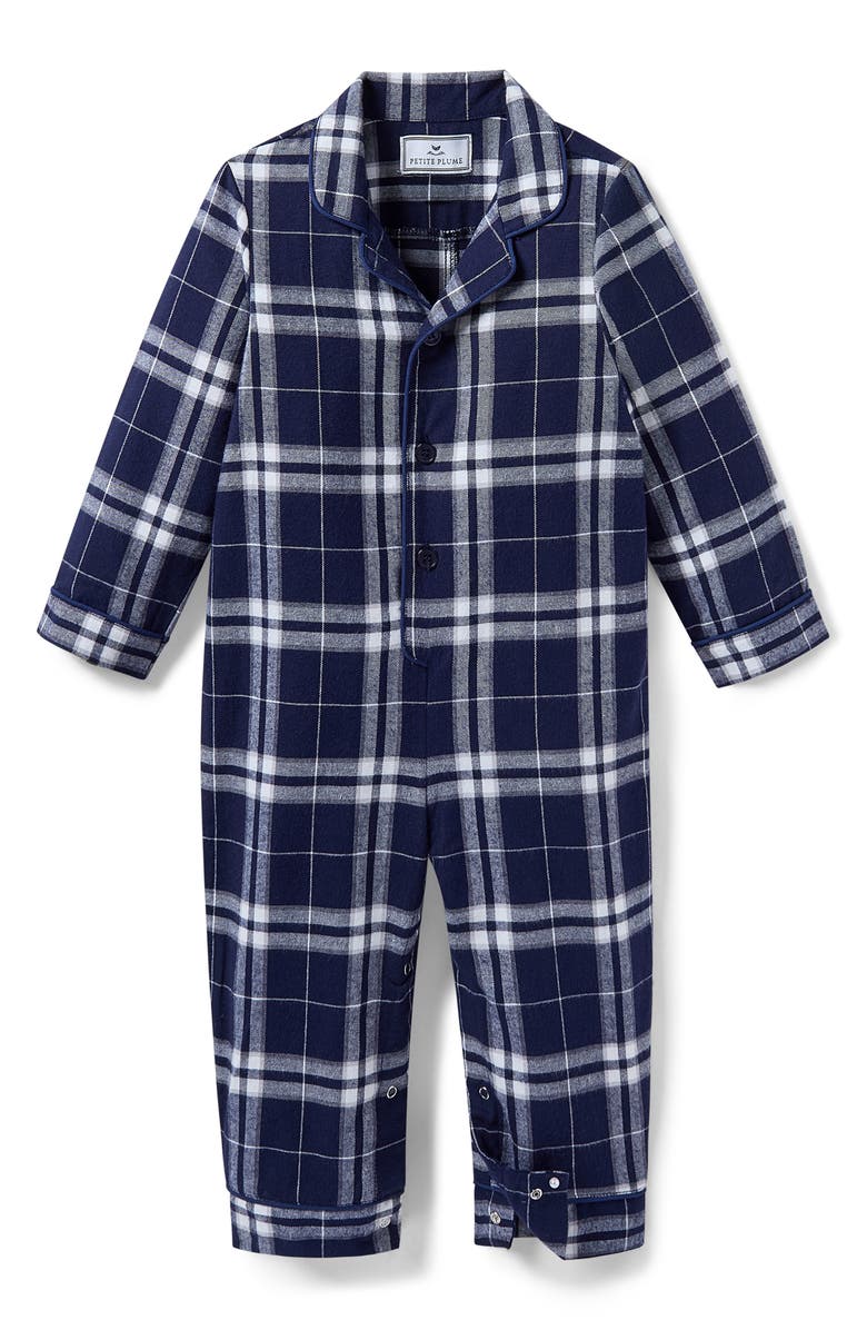 Petite Plume Oxford Tartan One-Piece Brushed Twill Pajamas, Main, color, Navy