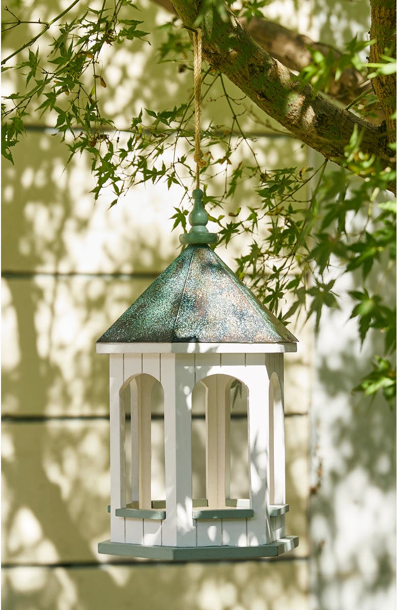 Glitzhome 15.75"H Wood Gazebo Metal Patina Finish Roof Birdfeeder, Alternate, color, Green