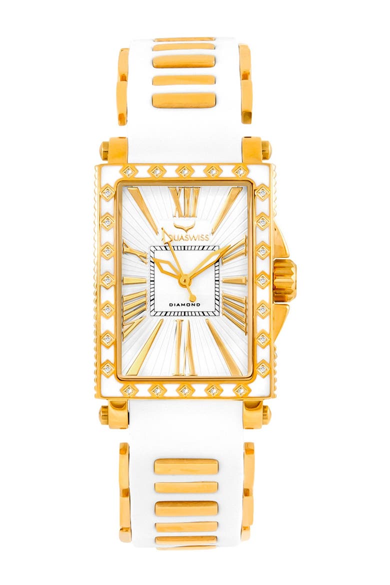 Grace Rectangle Silicone Strap Watch, 58mm - 0.25 ctw, Main, color, WHITE-GOLD