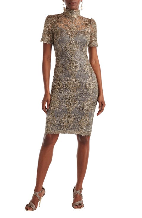 Metallic Embroidered Illusion Neck Cocktail Dress