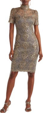 Tadashi Shoji Metallic Embroidered Illusion Neck Cocktail Dress