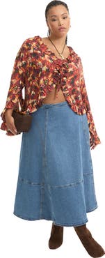 June + Vie Fit-And-Flare Denim Midi Skirt