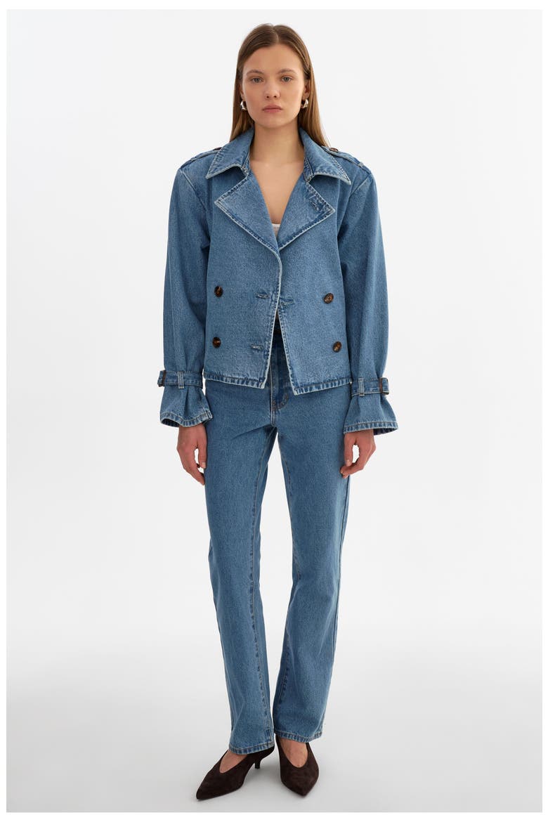 Dhana | Suede Trench Jacket, Alternate, color, Mid Blue Wash