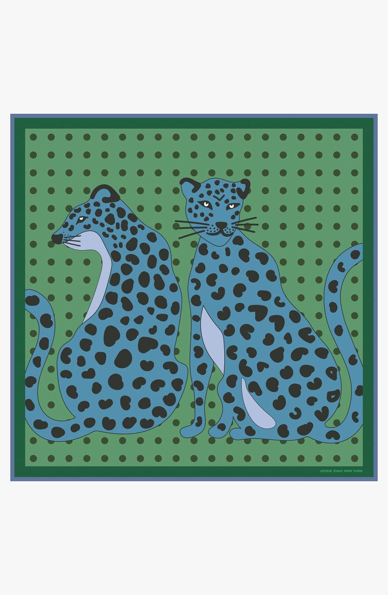 Jessie Zhao New York Twin Leopards Double Sided Silk Scarf, Main, color, Green