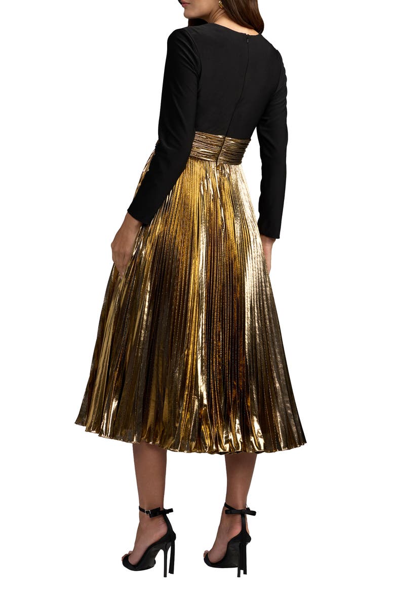Long Sleeve Pleated Midi Dress, Alternate, color, Black Gold