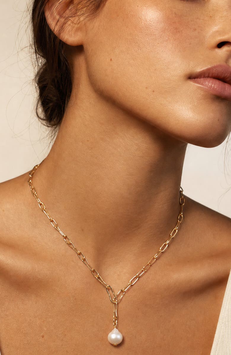 Argento Vivo Sterling Silver Freshwater Pearl Pendant Paperclip Necklace, Alternate, color, Gold