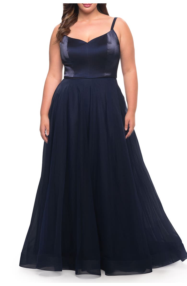 La Femme Long Plus Size Gown with Tulle Skirt and Satin Top, Main, color, Navy