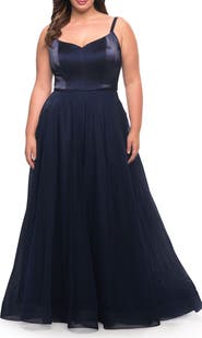 La Femme Long Plus Size Gown with Tulle Skirt and Satin Top
