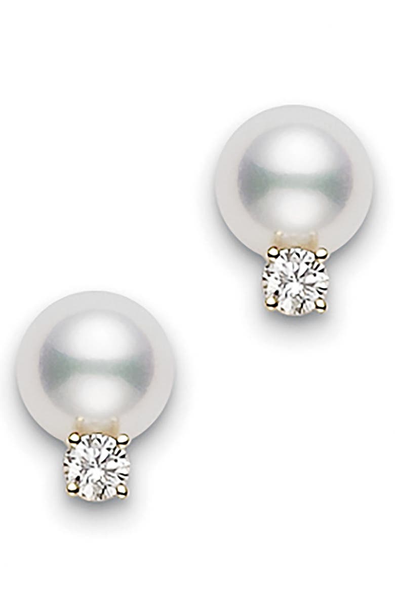 Mikimoto Akoya Pearl & Diamond Stud Earrings, Main, color, Yellow Gold
