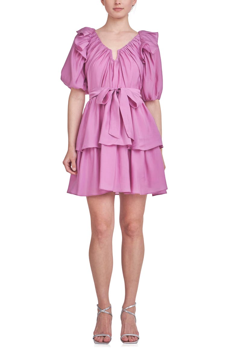 Ruffle Tie Waist Puff Sleeve Tiered Minidress, Main, color, ORCHID
