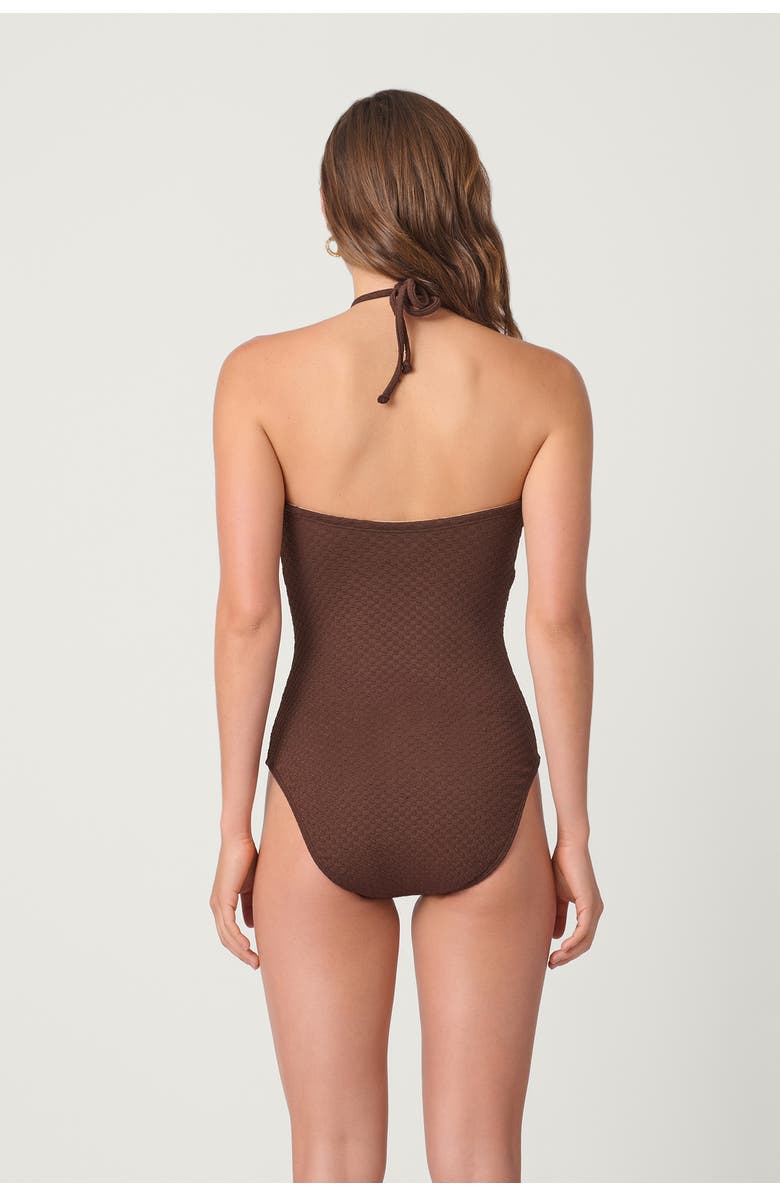Shoshanna Checkered Texture Cinched One Piece, Alternate, color, Mocha