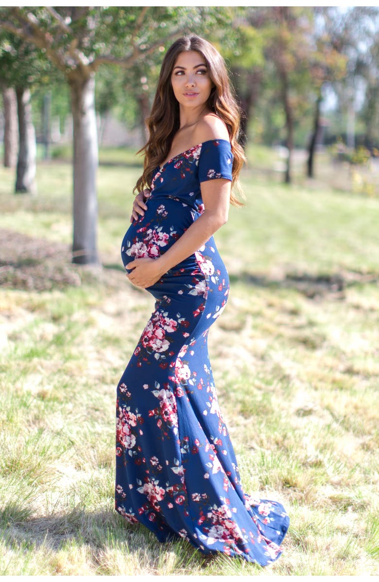 PinkBlush Floral Off Shoulder Wrap Maternity Photoshoot Gown/Dress, Main, color, Navy Blue