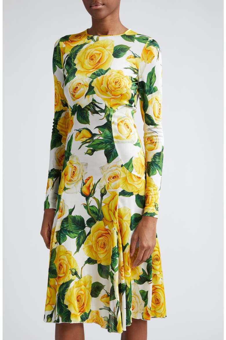 Rose Print Long Sleeve Dress, Alternate, color, ROSE GIALLE