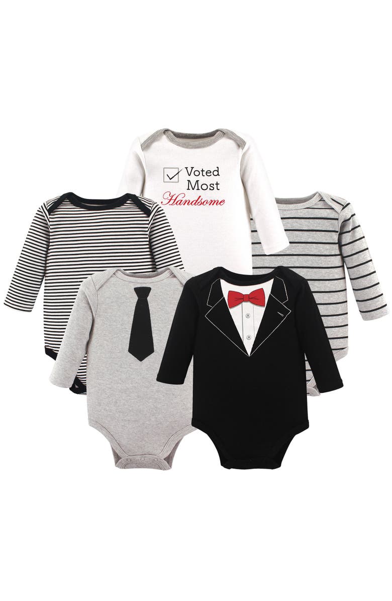 Little Treasure 5Pk Long Sleeve Bodysuits, Main, color, Tuxedo