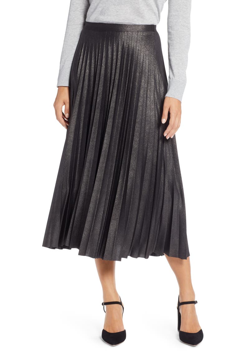 Metallic Pleat Midi Skirt, Main, color, BLACK FOIL