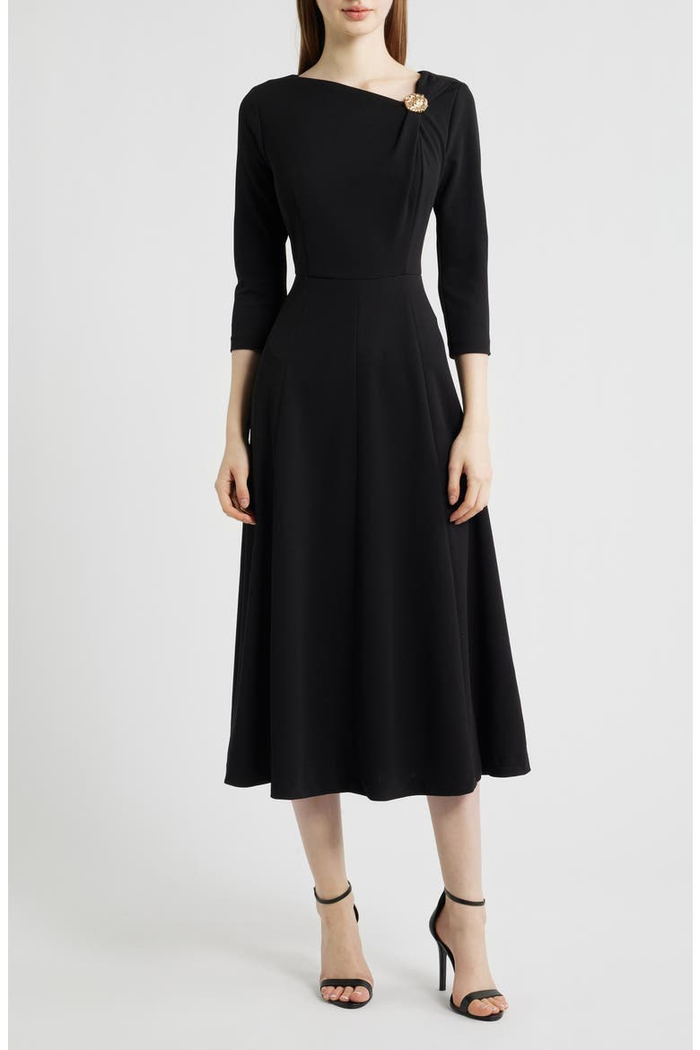 Shoulder Pin Asymmetric Long Sleeve Midi Dress, Main, color, ANNE BLACK