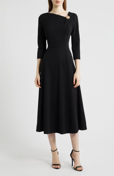 Shoulder Pin Asymmetric Long Sleeve Midi Dress