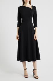 Anne Klein Shoulder Pin Asymmetric Long Sleeve Midi Dress