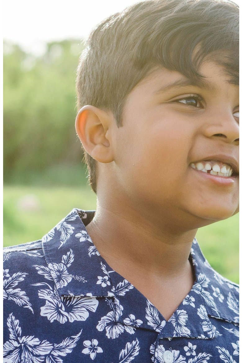 Boys' Linen Short Sleeve Camp Shirt, Kids, Alternate, color, Navy Hibiscus Linen