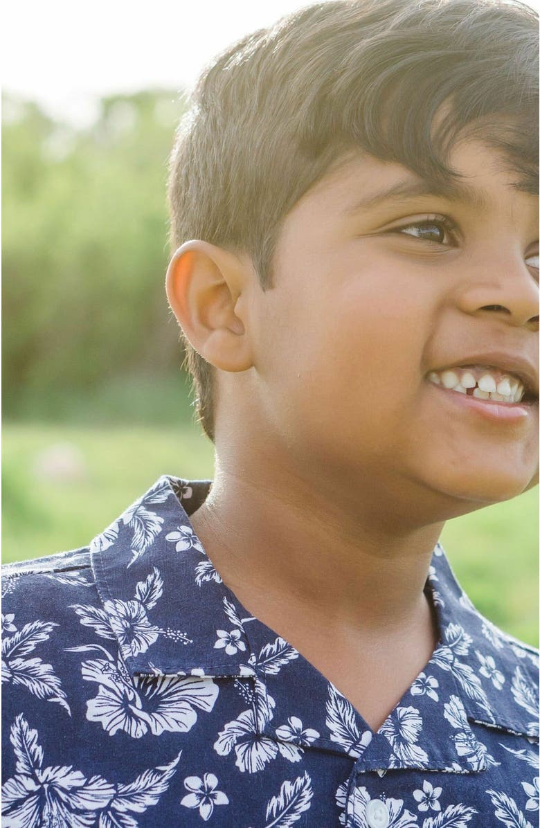 Hope & Henry Boys' Linen Short Sleeve Camp Shirt, Kids, Alternate, color, Navy Hibiscus Linen