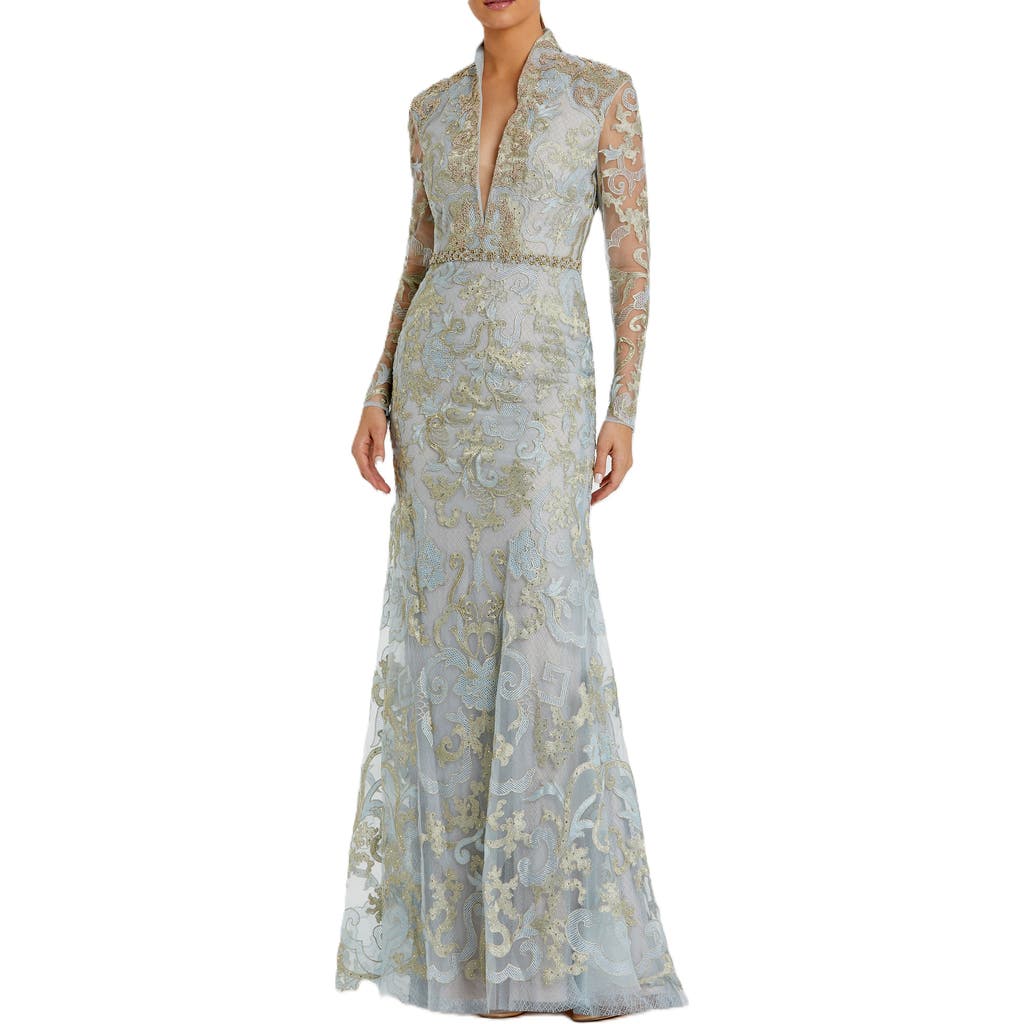 Mac Duggal Long Sleeve Applique V-neck Gown In Powder Blue