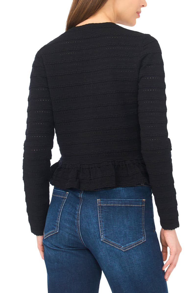 CeCe Ruffle Pointelle Cardigan, Alternate, color, Rich Black