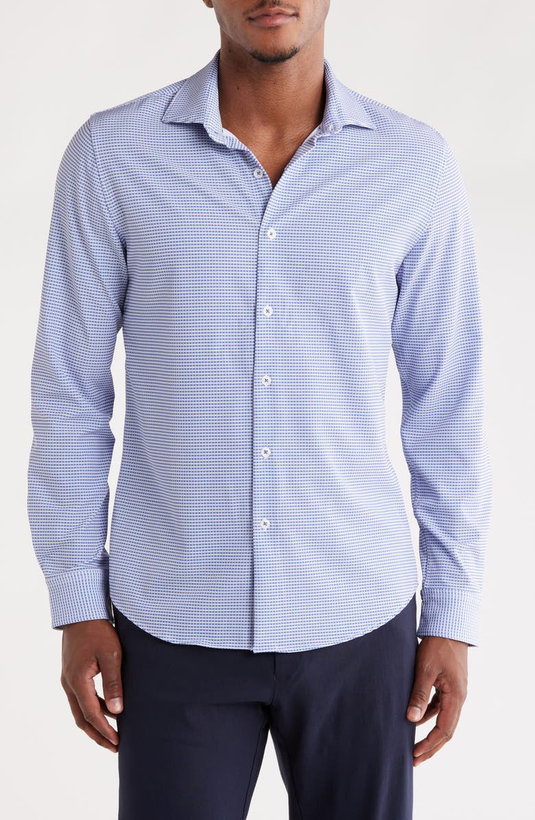 DENIM AND FLOWER Geometric Tech Long Sleeve Button Front Shirt, Main, color, Blue/ White