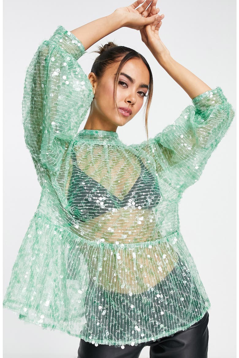 Sequin Mesh Peplum Top, Main, color, LIGHT GREEN