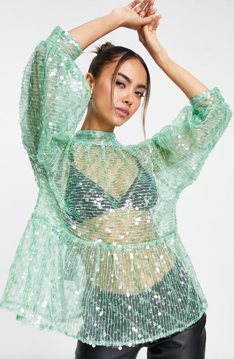 ASOS DESIGN Sequin Mesh Peplum Top, Main, color, 