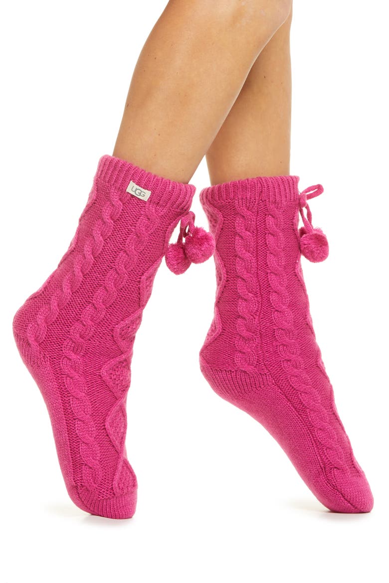 Pompom Fleece Lined Socks, Main, color, FUCHSIA
