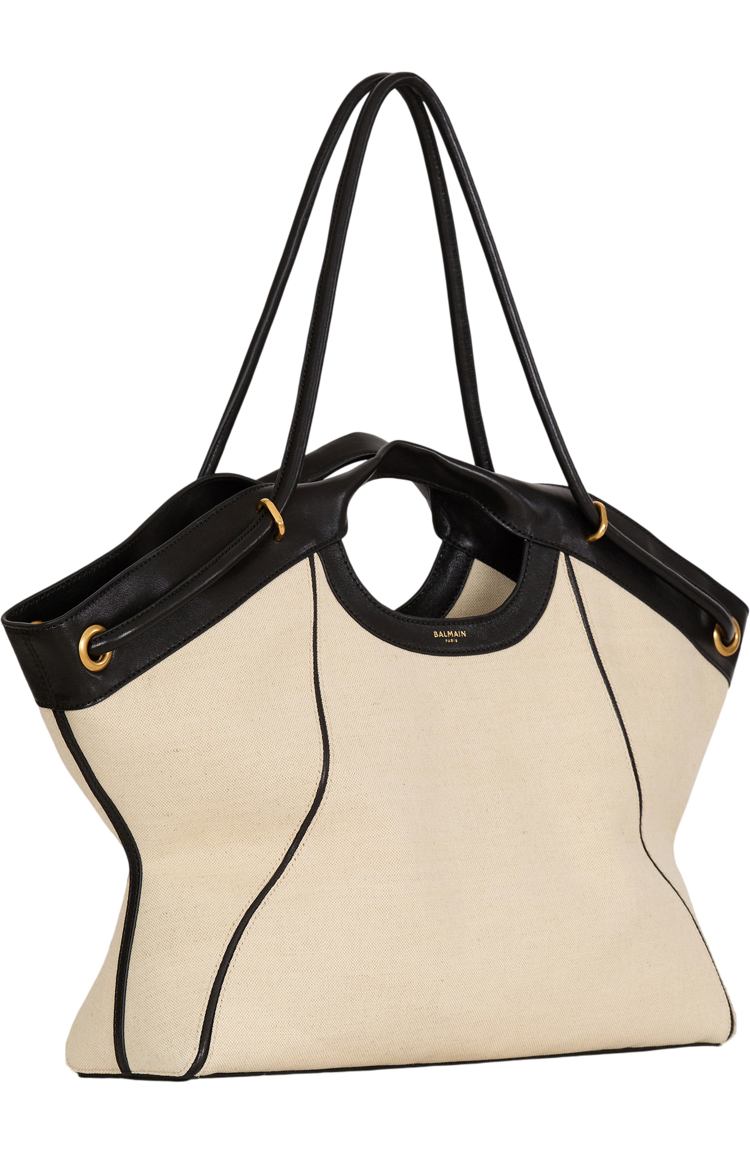 Large Tote in smooth leather and canvas, Alternate, color, beige
