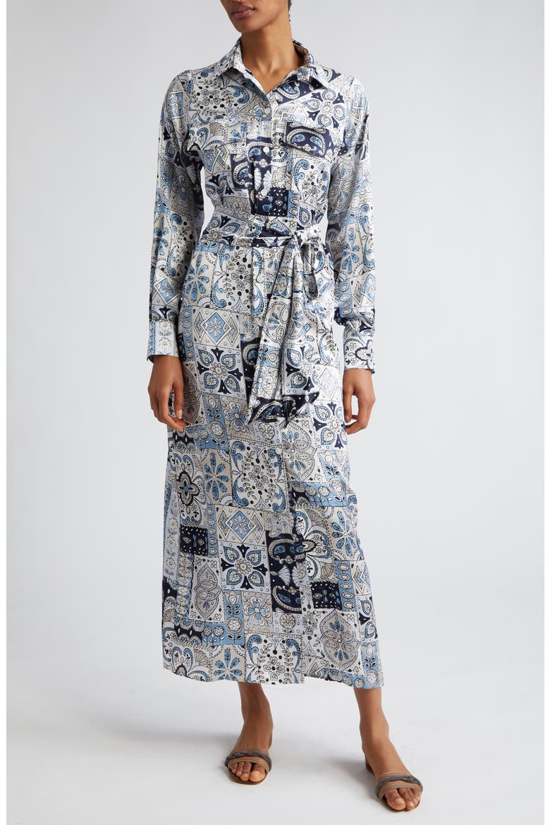 Paisley Patchwork Print Long Sleeve Silk Shirtdress, Main, color, BABY BLUE
