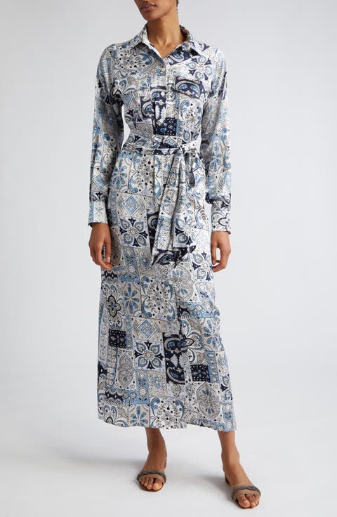 Paisley Patchwork Print Long Sleeve Silk Shirtdress
