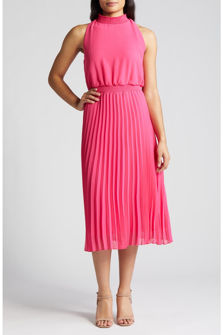 Smocked Plissé Midi Dress, Main, color, HOT PINK