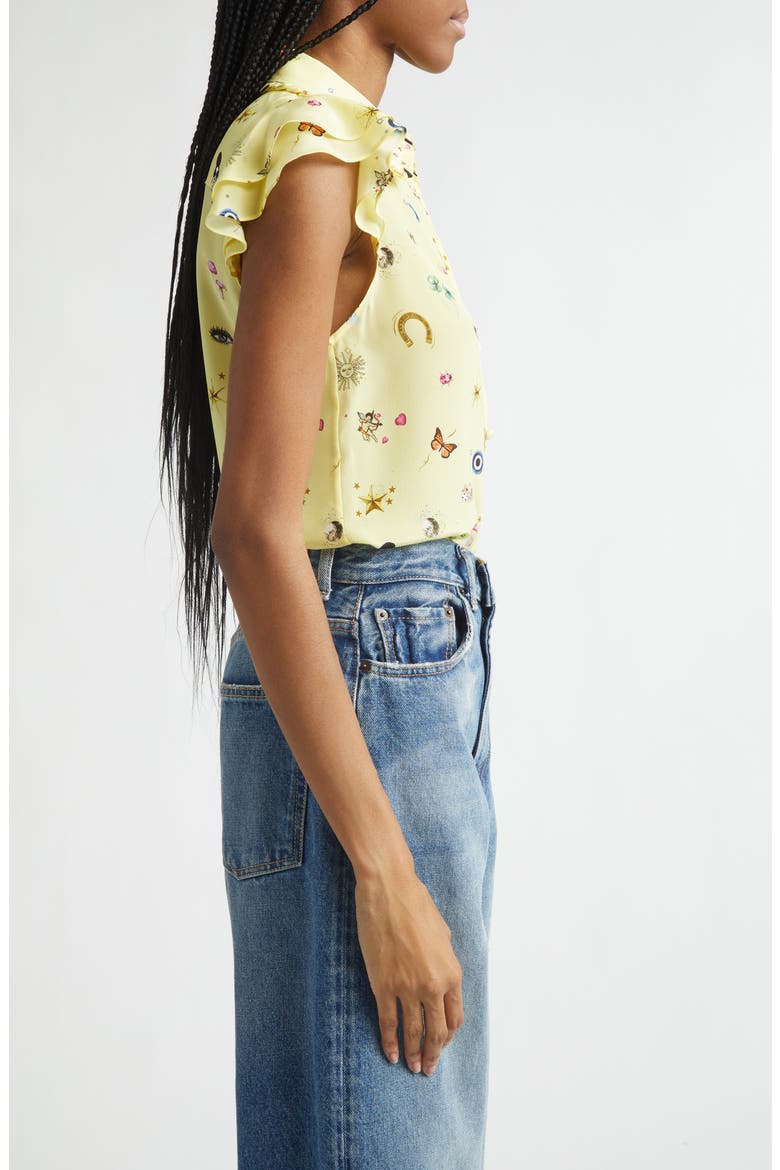 Martel Ruffle Flutter Sleeve Silk Button-Up Shirt, Alternate, color, LUCKY STAR